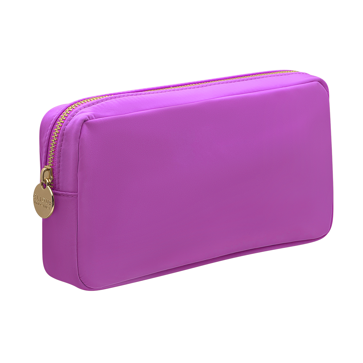 Bright purple small cosmetic pouch with gold zipper and round gold zipper puller.
