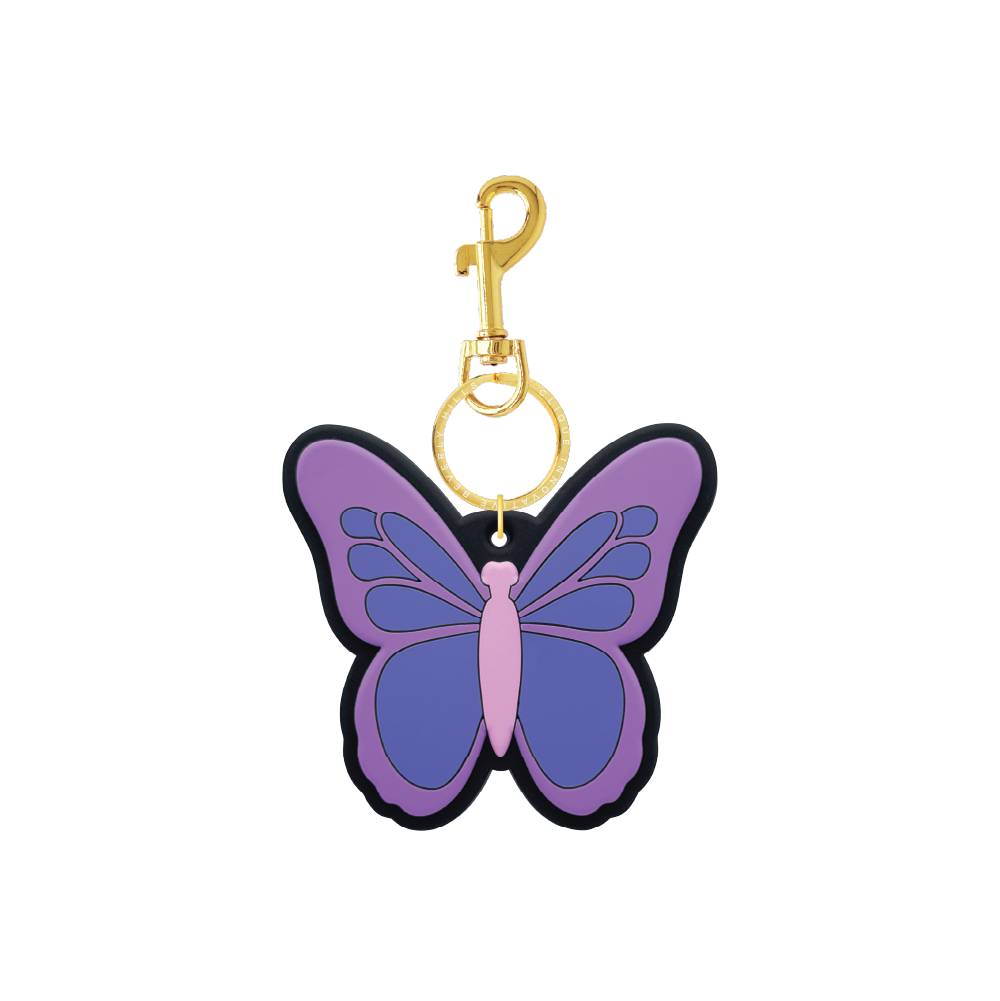 Purple and blue butterfly bag charm with gold-tone hardware