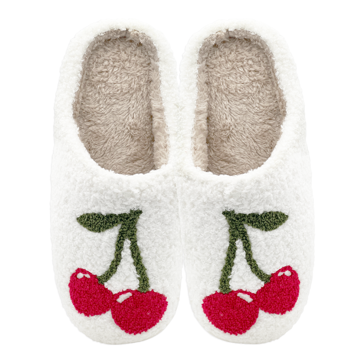Pair of white slippers with cherry design on a white background