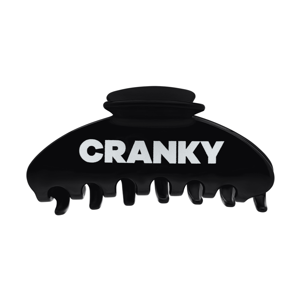 Front view of a black claw clip with bold white Cranky lettering.