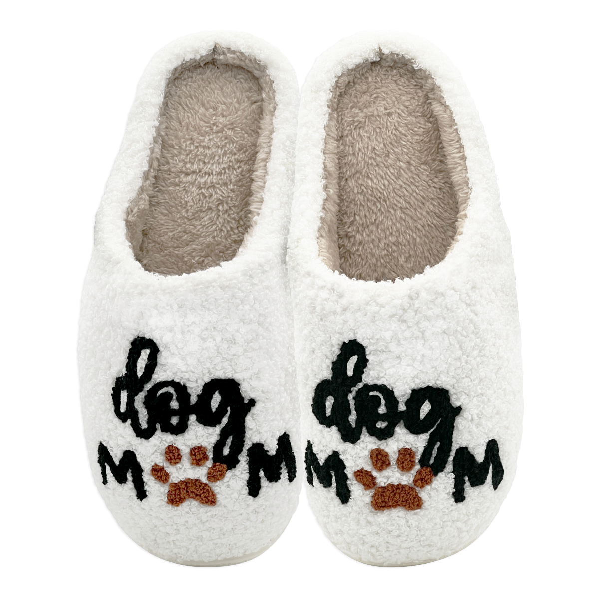 White fuzzy “dog mom” slippers with embroidered black text and brown paw prints, displayed on a white background.
