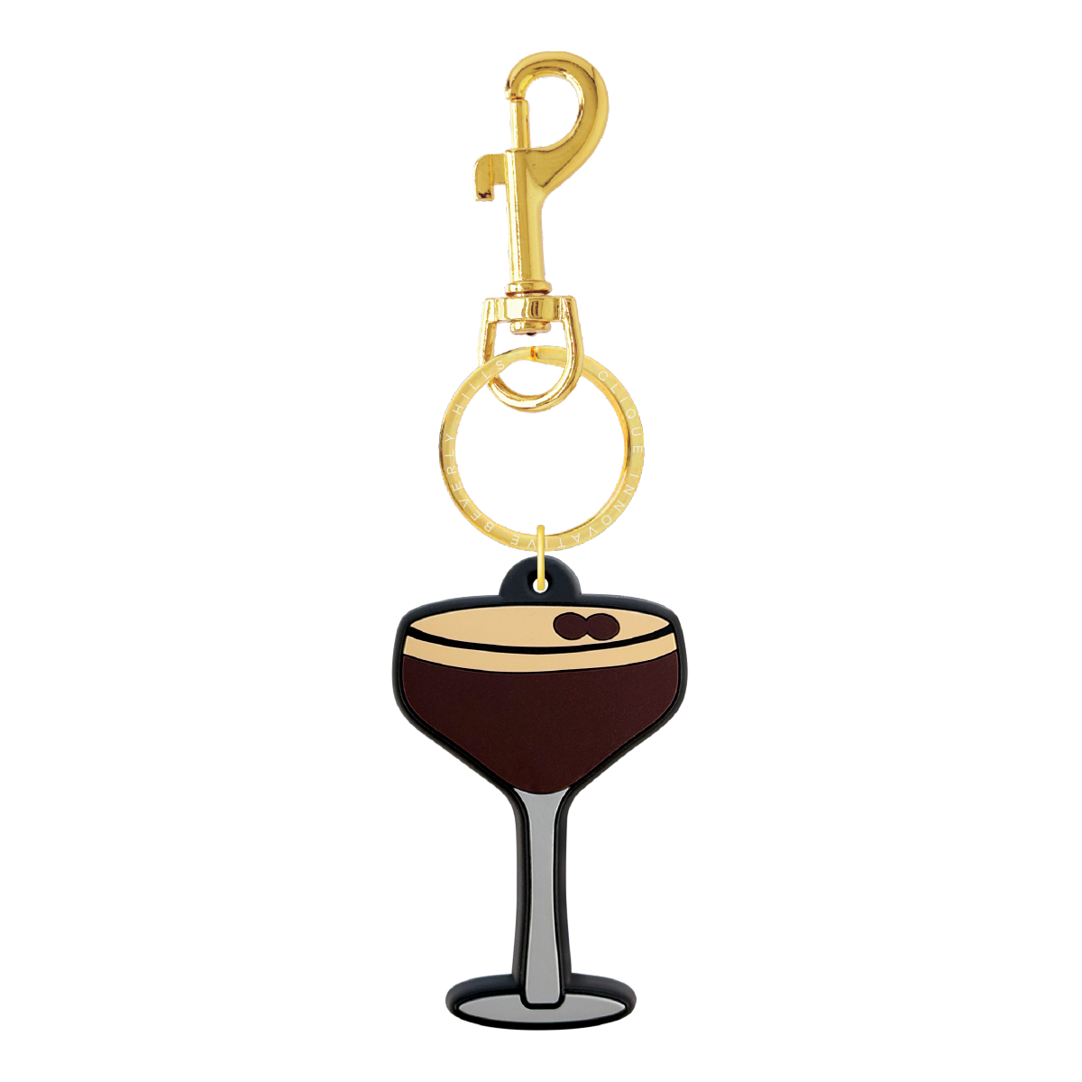 Espresso martini glass bag charm with coffee bean details and gold-tone hardware