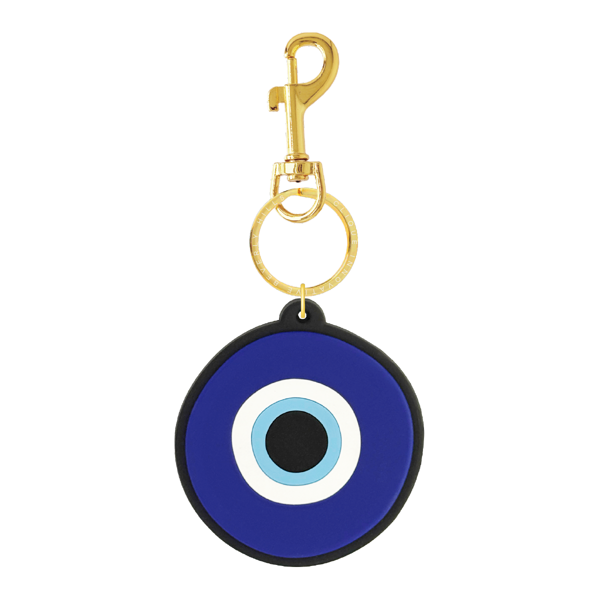 Dark blue evil eye bag charm with a gold clip and branded gold key ring from Clique Innovative Beverly Hills, shown on a white background.