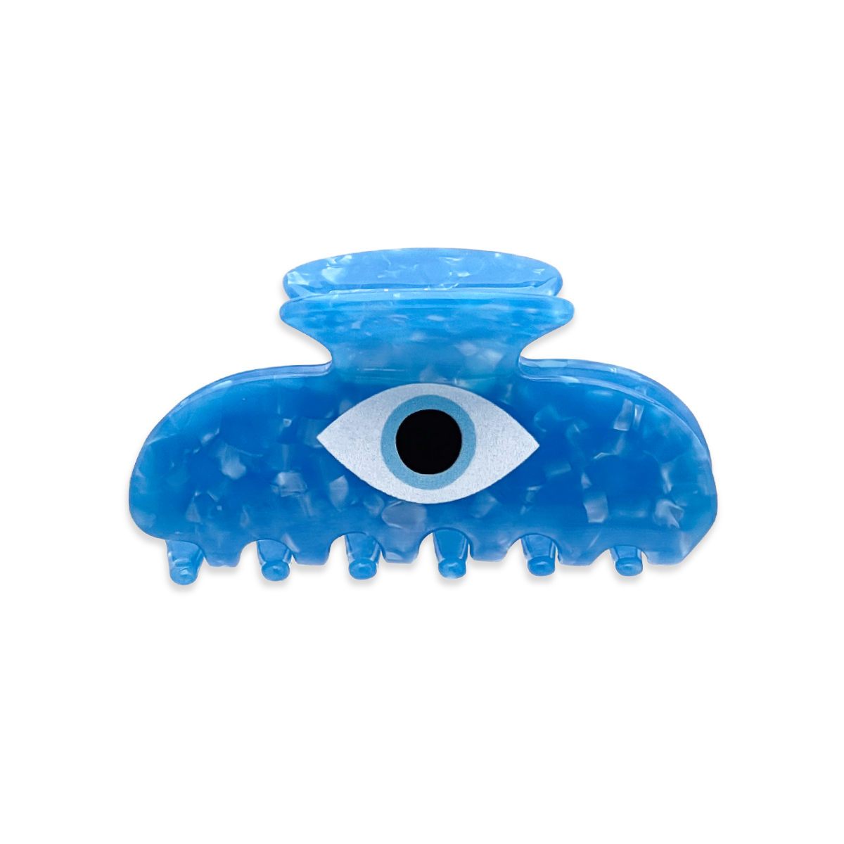 Front view of a light blue marble claw clip with a large white and black evil eye graphic centered on the front against a white background.