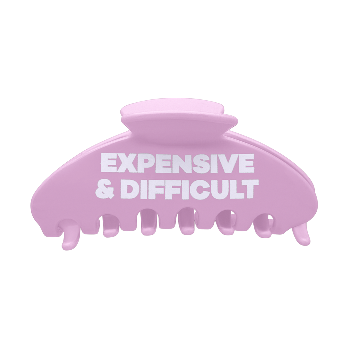 Front view of a pink claw clip with white Expensive & Difficult text