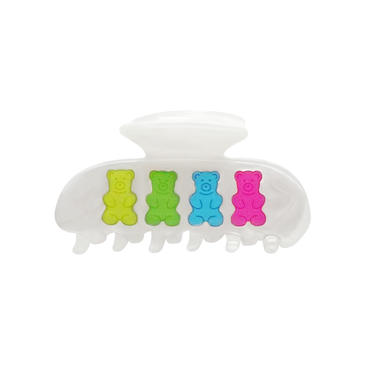Front view of a white marble claw clip with four colorful gummy bear graphics in yellow, green, blue, and pink on a white background.