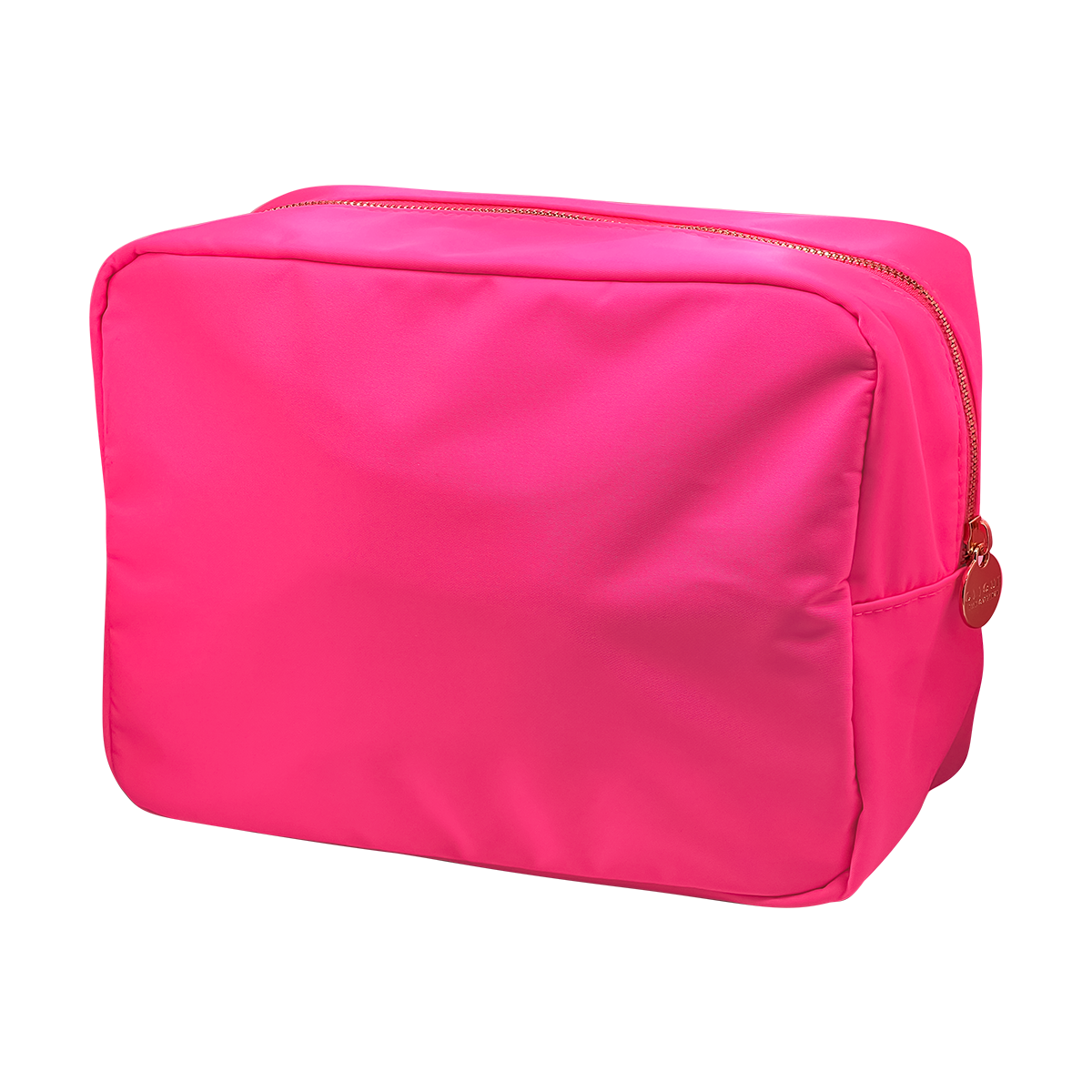 Pink cosmetic bag with a gold zipper on a white background