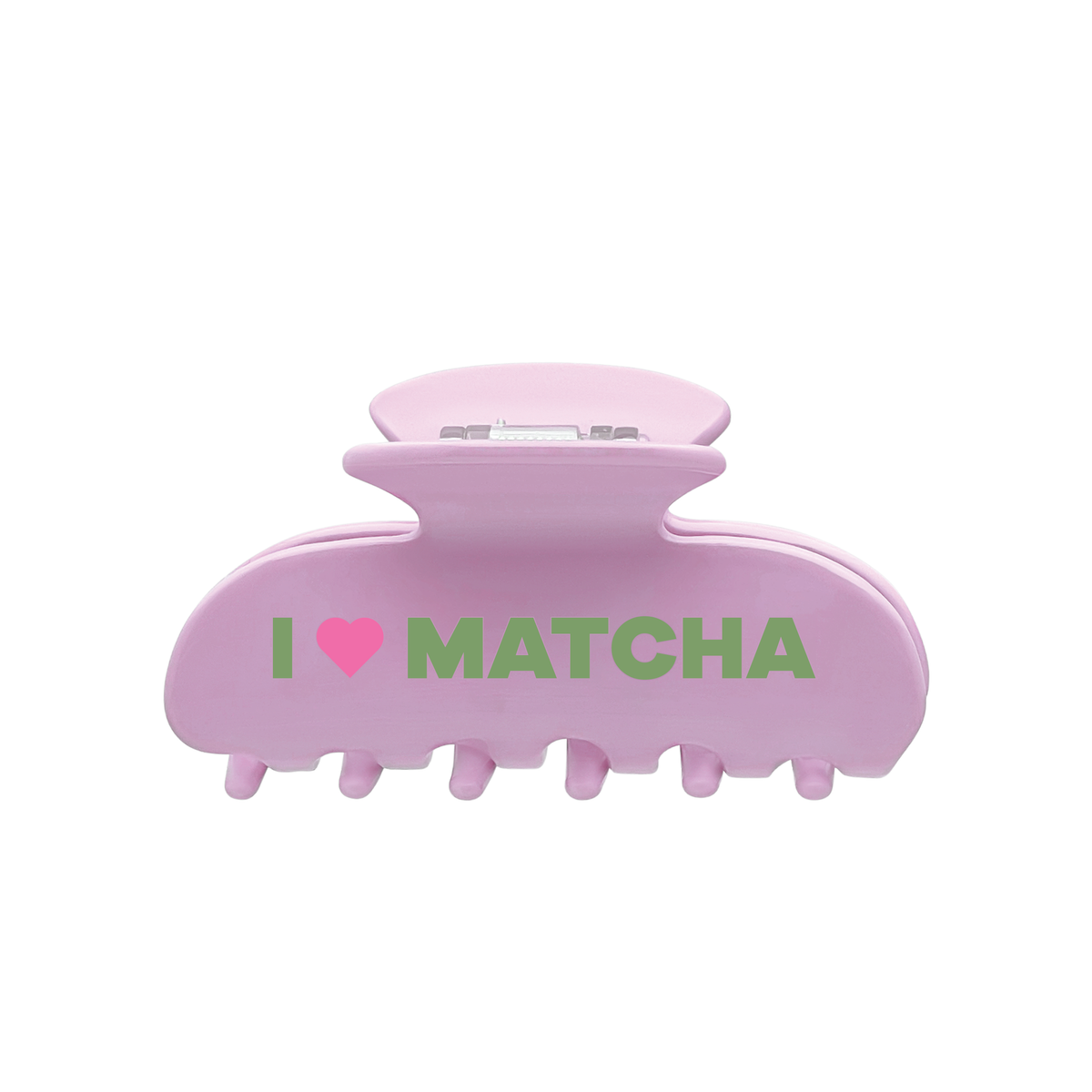 Front view of a pink I Heart Matcha claw clip with green lettering and heart detail