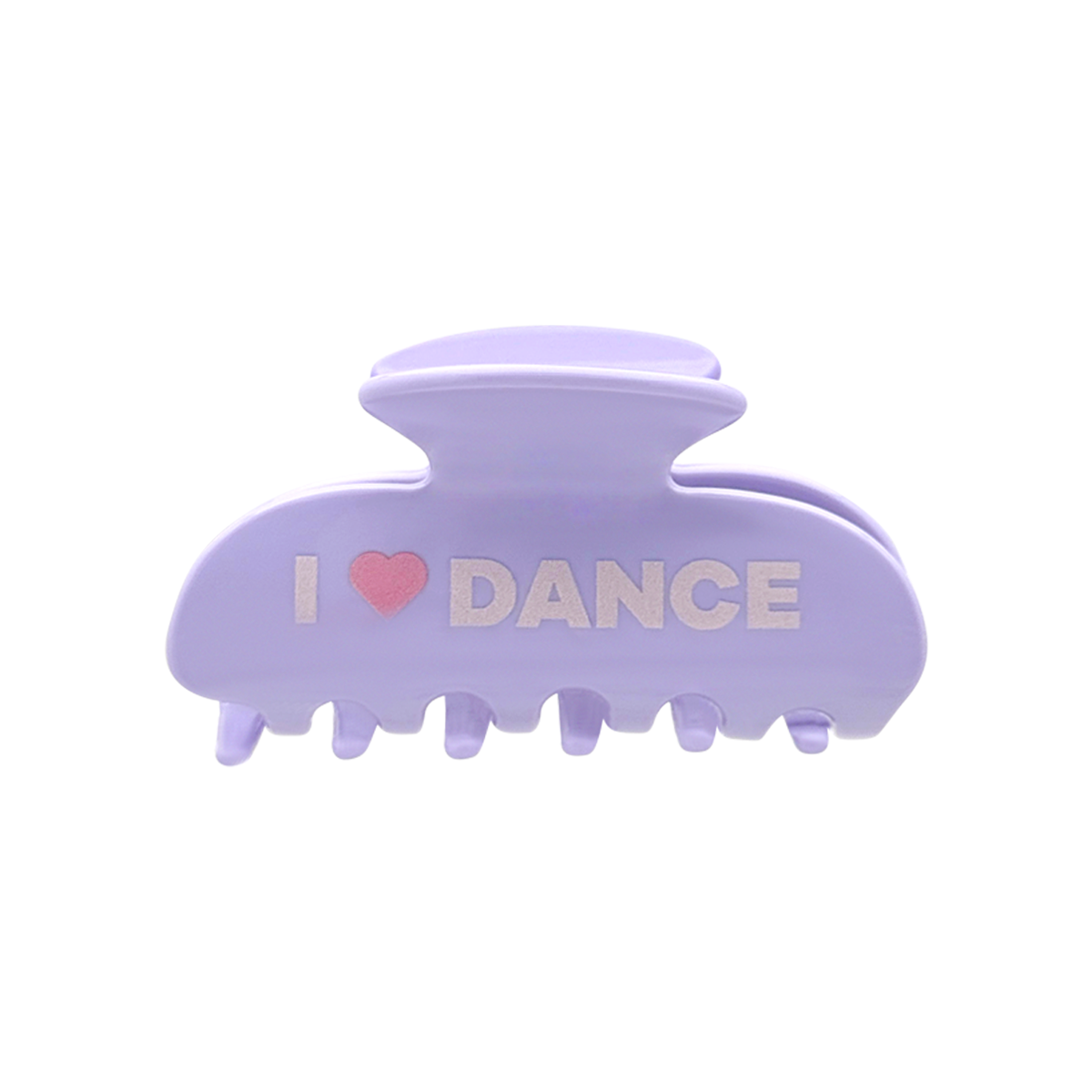Front view of a purple claw clip with the words “I”, a red heart-shaped icon, and “DANCE” printed across the front on a white background.