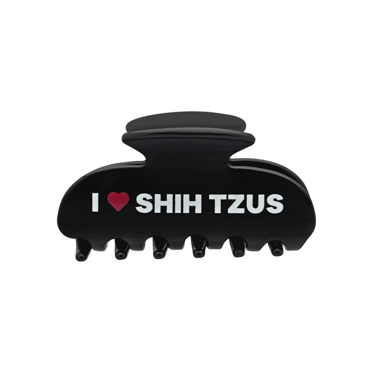 Front view of a black claw clip with white text that reads “I” followed by a red heart graphic and the words “SHIH TZUS” on the front.