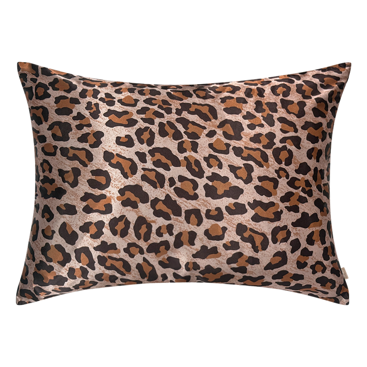 Smooth leopard print satin pillowcase with a soft sheen, shown on a white background.