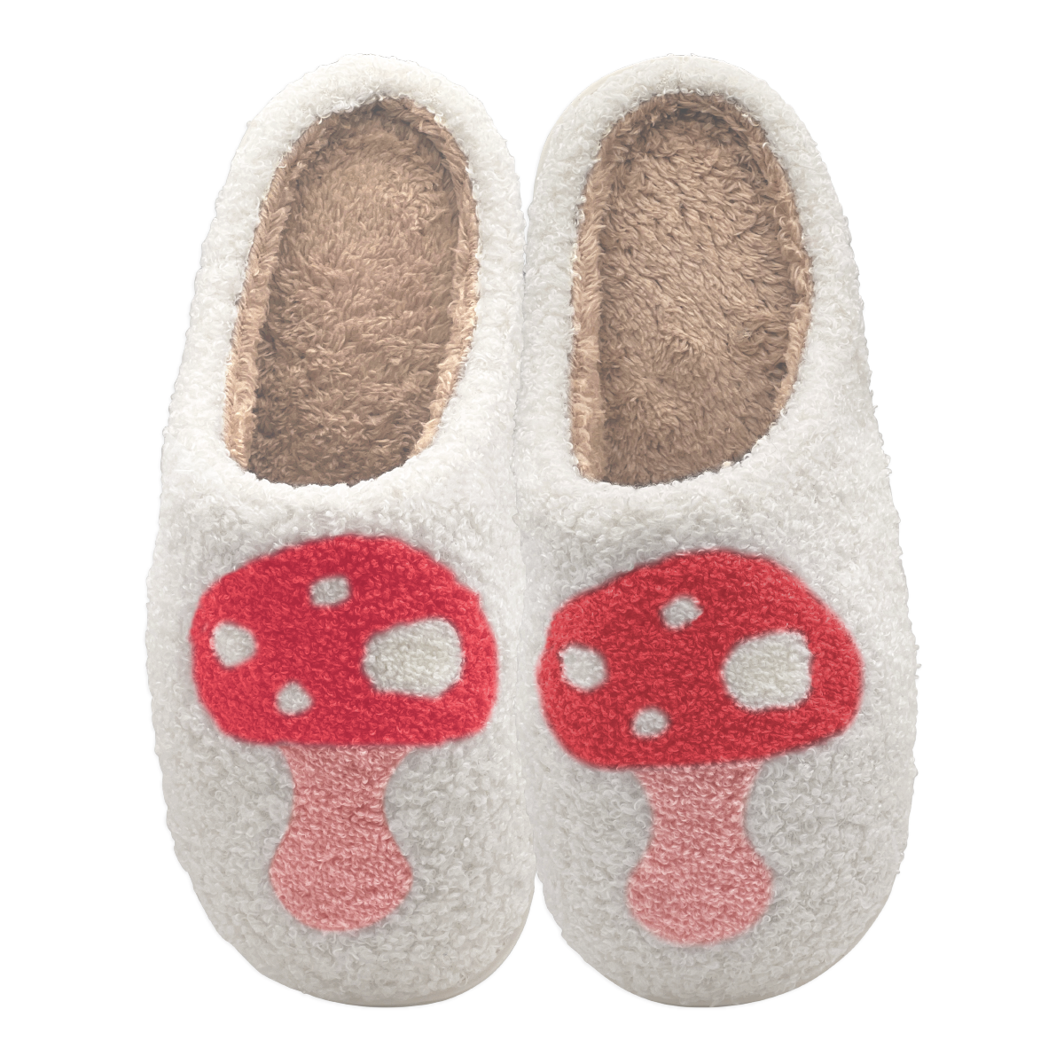 Pair of plush slippers with red mushroom design on the front.