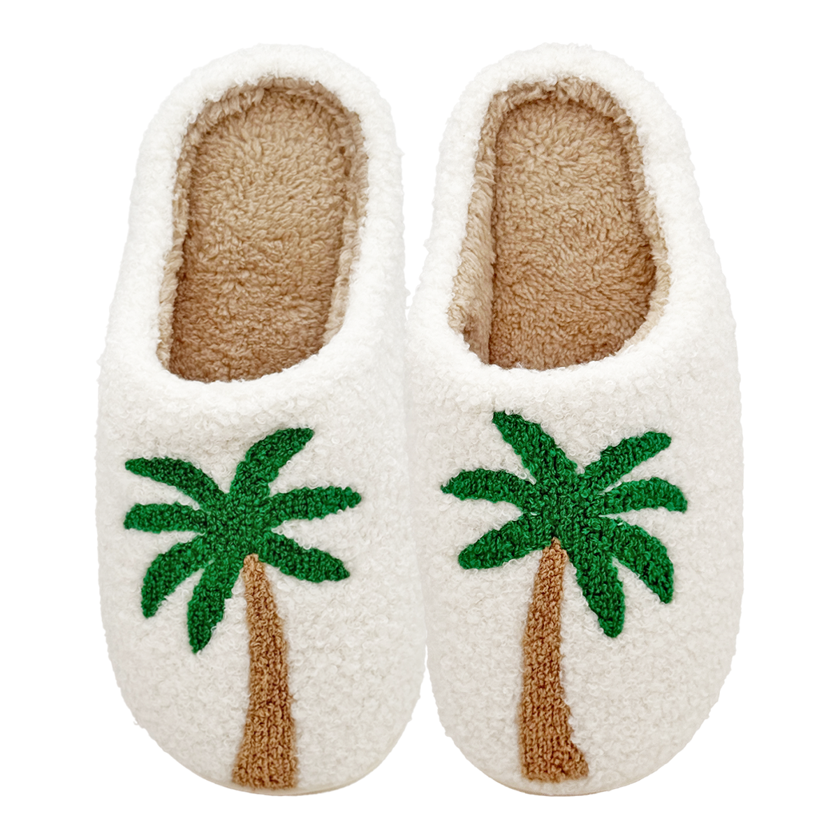 Pair of white slippers with green palm tree designs on a white background