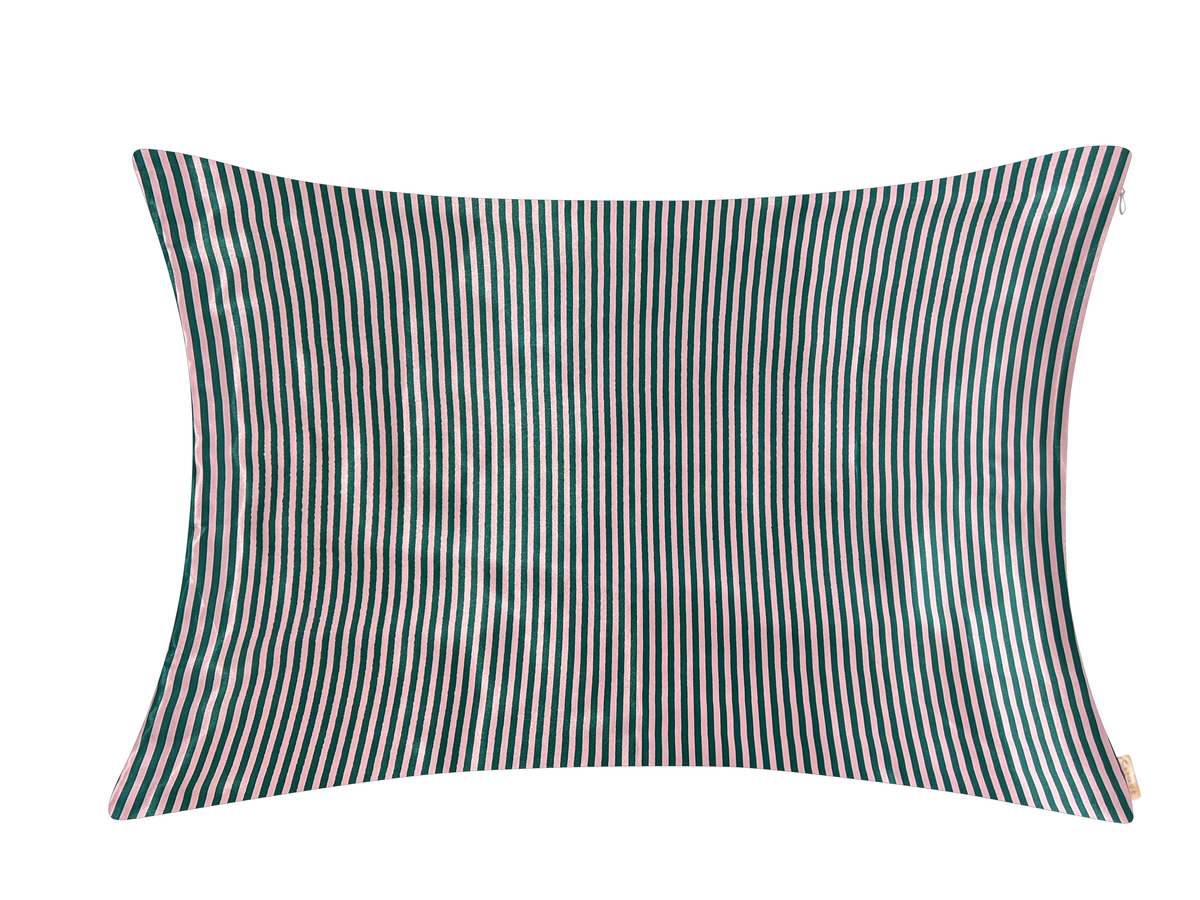 Pink, green, and white striped satin pillowcase shown on a white background.