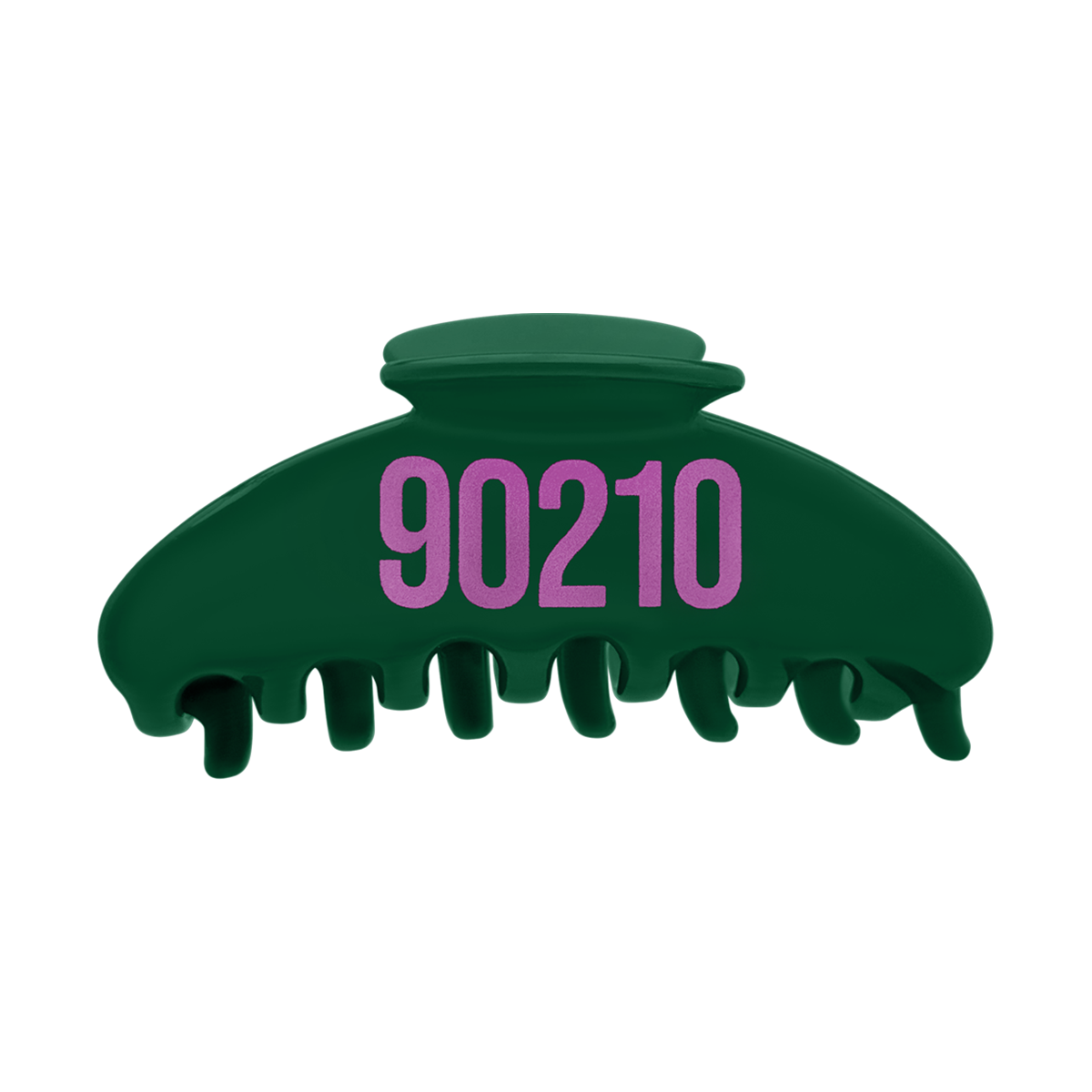 Front view of a green claw clip with pink 90210 lettering.