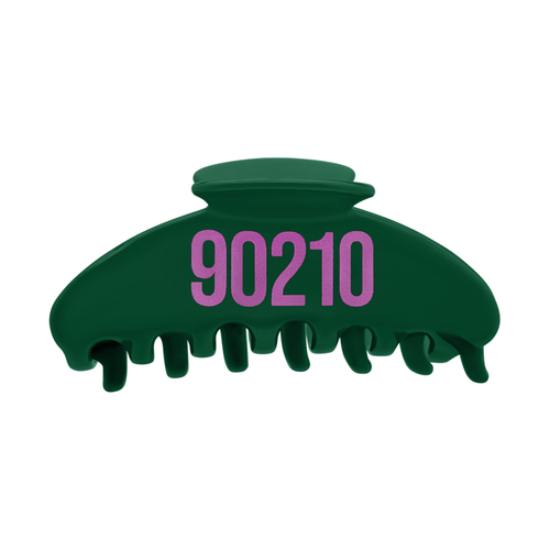 Front view of a green claw clip with pink 90210 lettering.