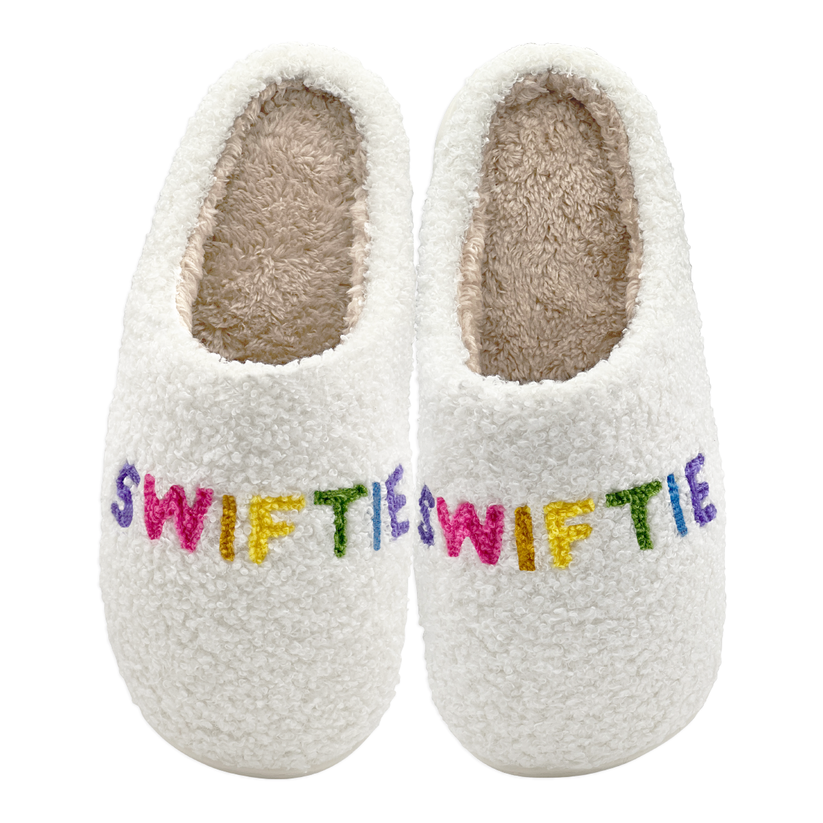 Pair of white slippers with colorful 'SWIFTIE' text on a white background