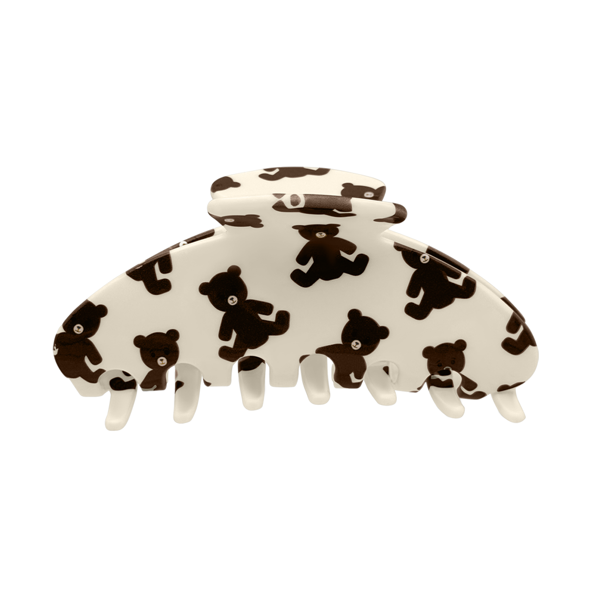 Front view of a beige claw clip with an all-over brown teddy bear design.