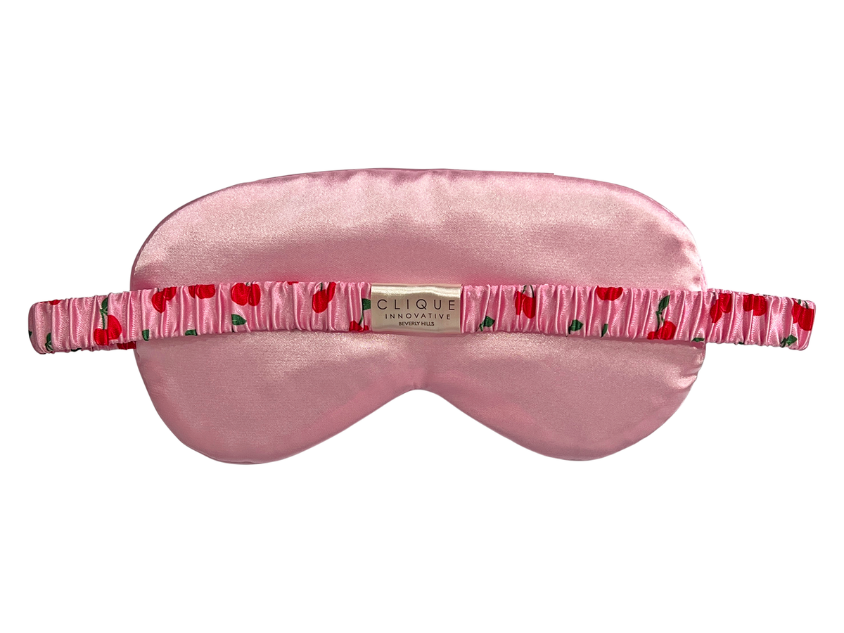 Back view of the All Over Cherries satin eye mask showing the elastic strap.