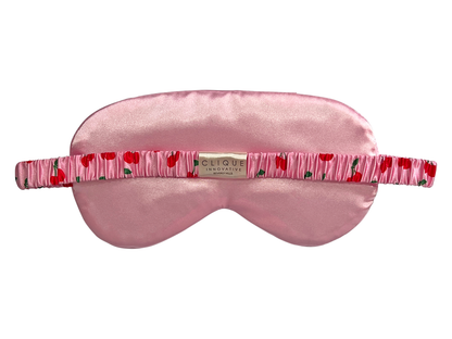 Back view of the All Over Cherries satin eye mask showing the elastic strap.