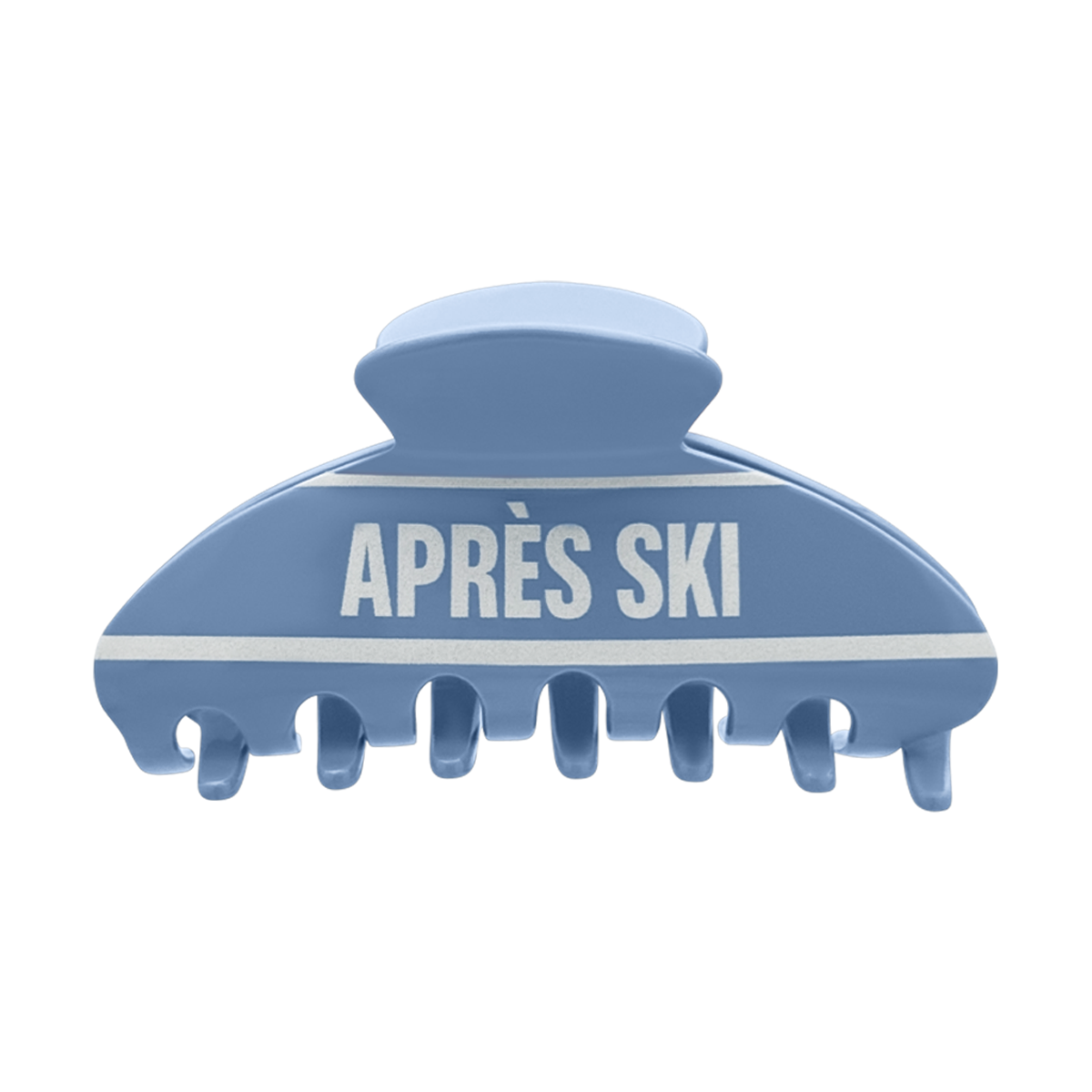 Front view of a blue claw clip with white “APRÈS SKI” text and horizontal white stripes on a white background.