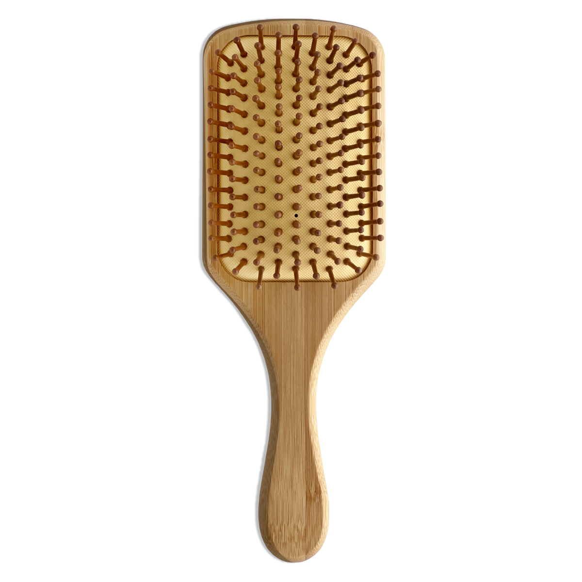 Bottom view of a bamboo paddle hairbrush with natural bamboo bristles and a smooth bamboo handle.