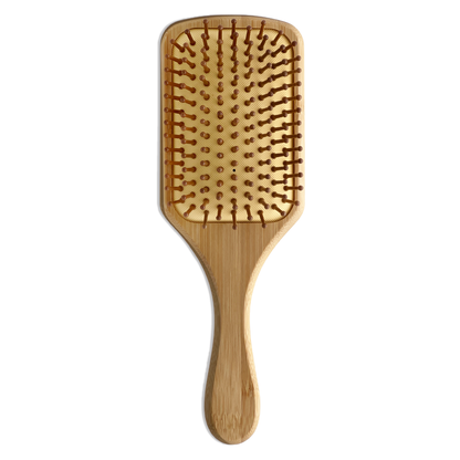 Bottom view of a bamboo paddle hairbrush with natural bamboo bristles and a smooth bamboo handle.