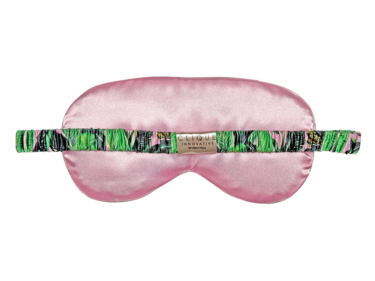 Back view of the Banana Leaf satin eye mask showing the elastic strap.
