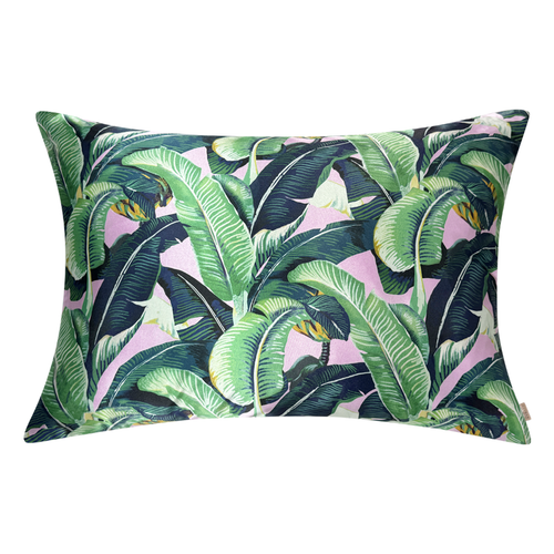 Satin pillowcase with green banana leaf print on a pink background, shown on a white background.