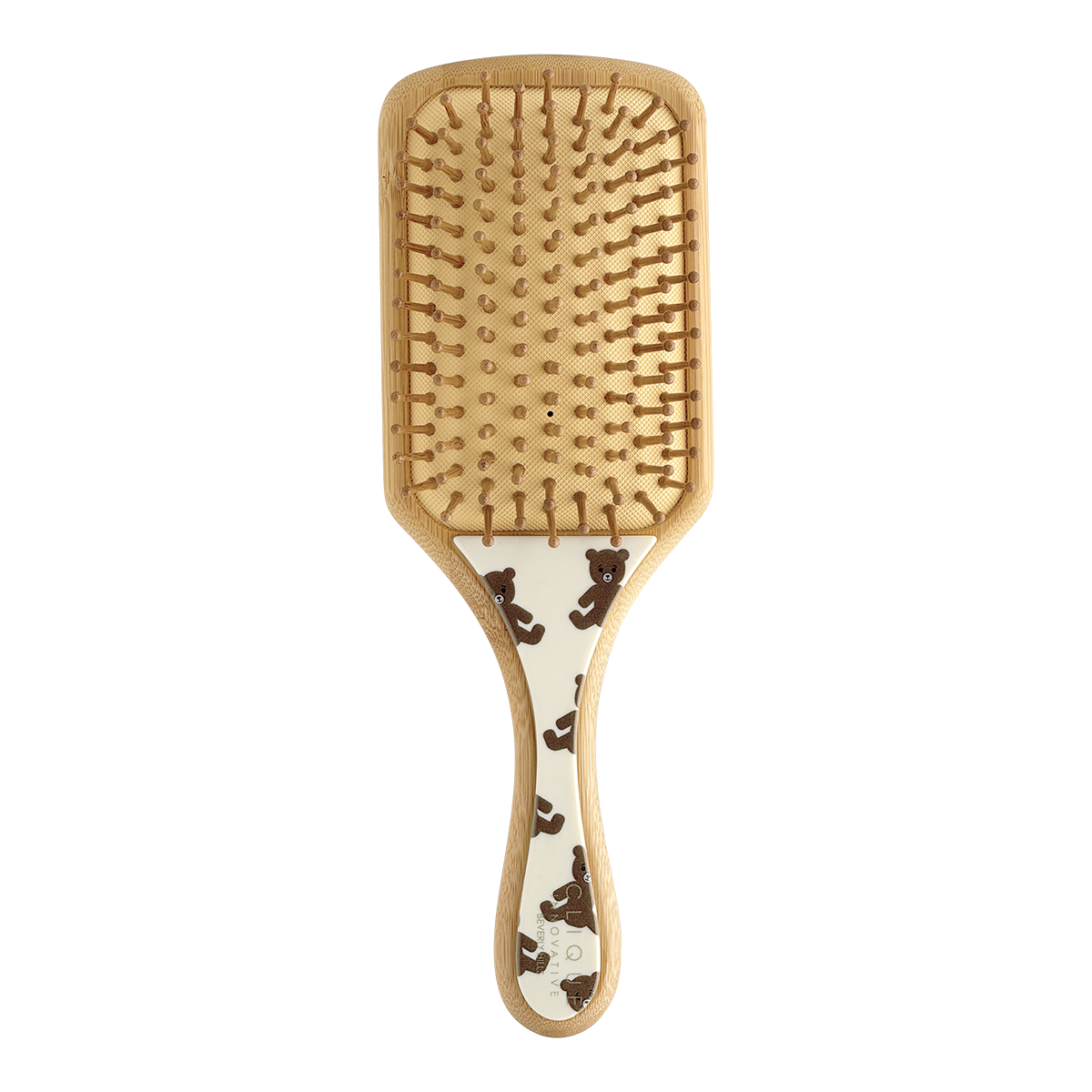 Back of bamboo paddle hairbrush with wooden bristles and beige handle featuring brown bear pattern.