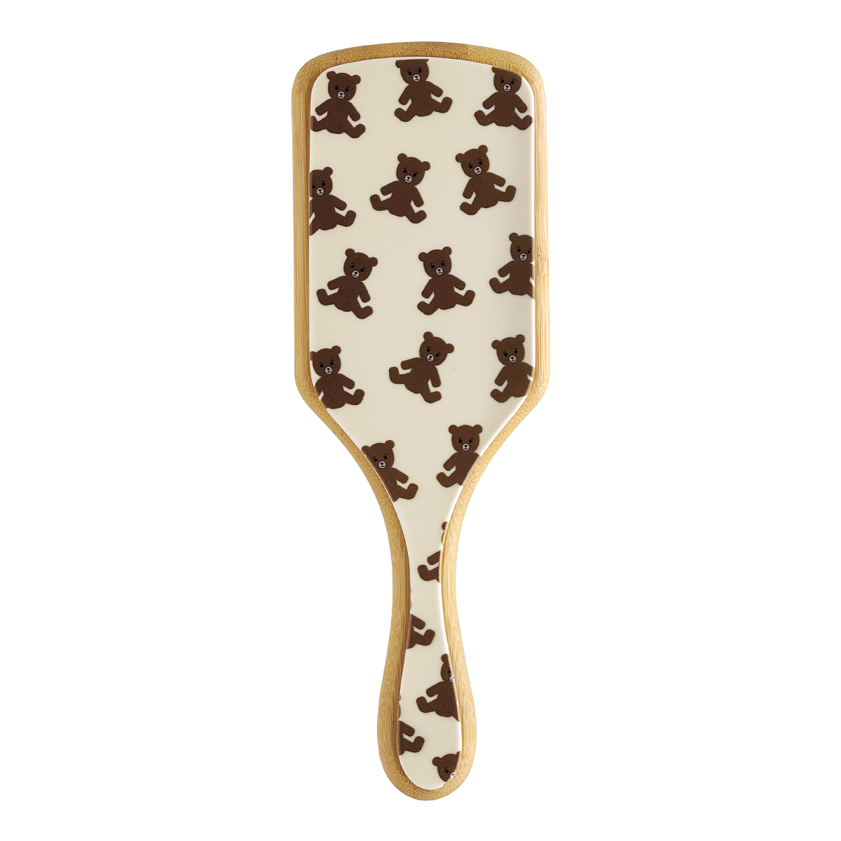Bamboo paddle hairbrush with beige base and brown bear pattern on the front.