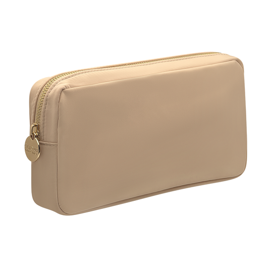 Beige small cosmetic pouch with gold zipper and round gold zipper puller.