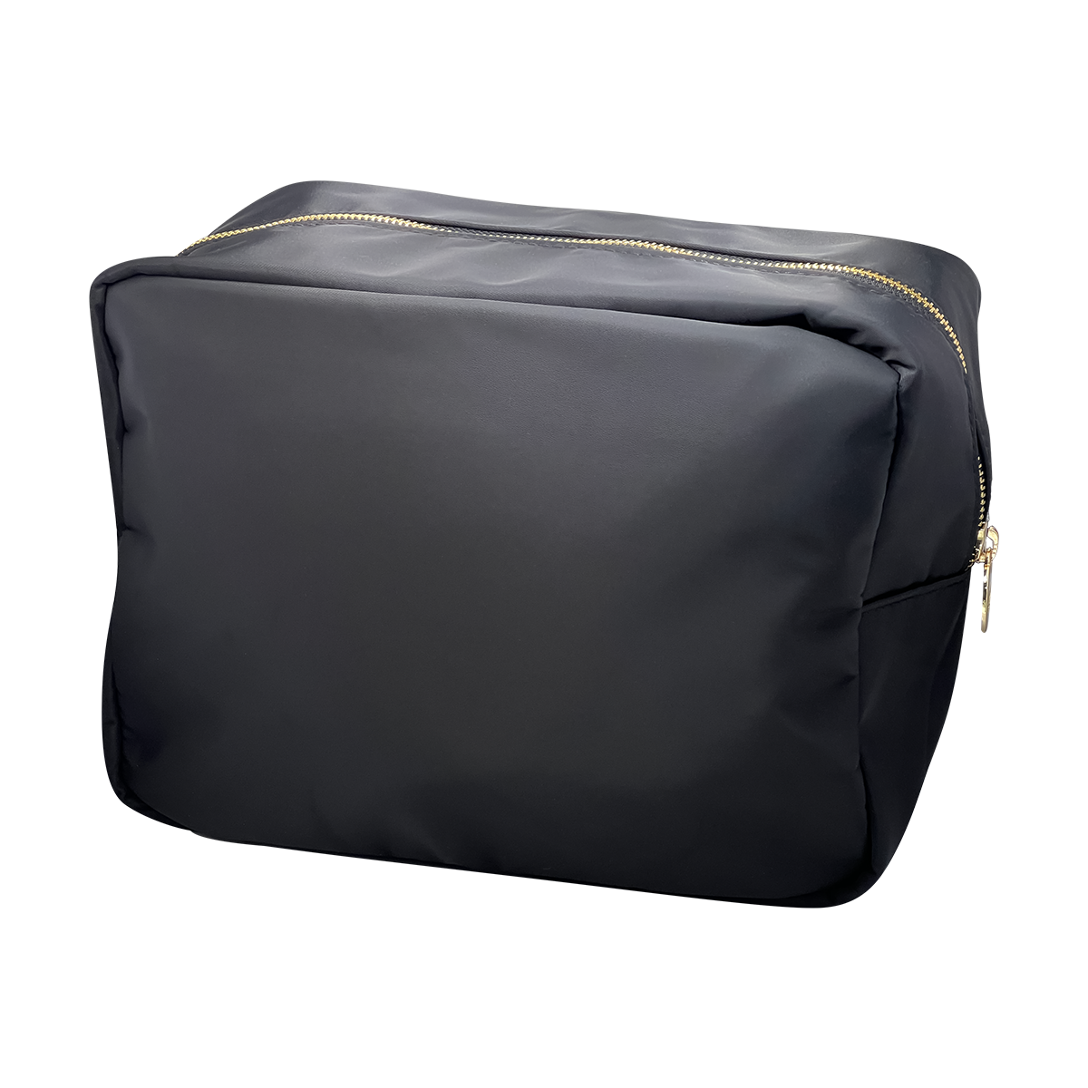 Black cosmetic bag with gold zipper on a white background