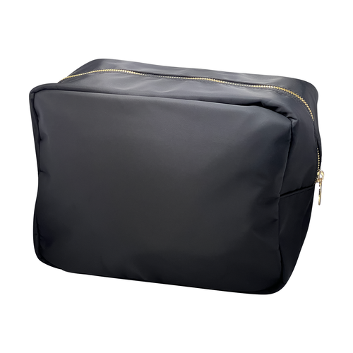 Black cosmetic bag with gold zipper on a white background