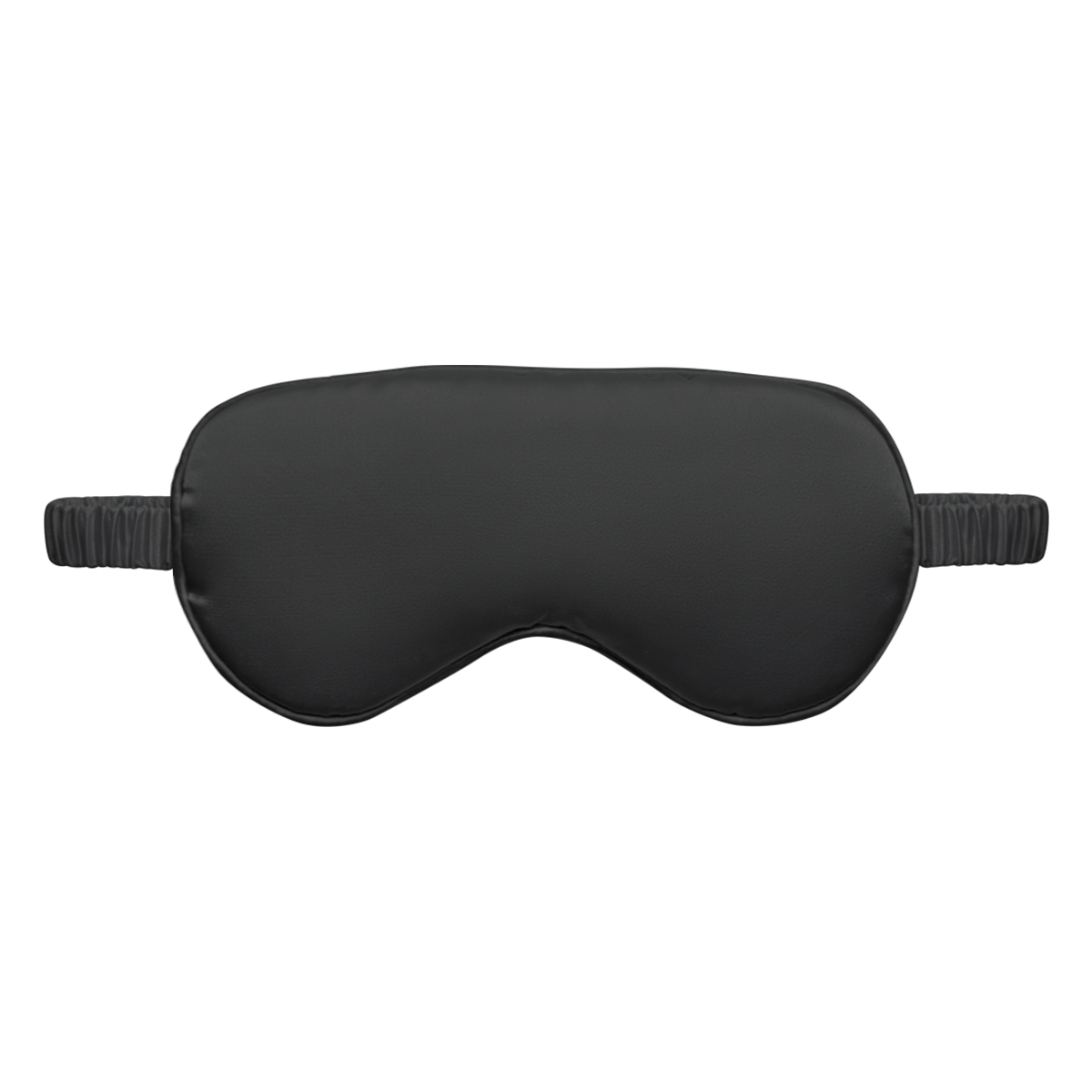 Front view of a black satin sleep eye mask with an elastic ruched strap, shown on a white background.