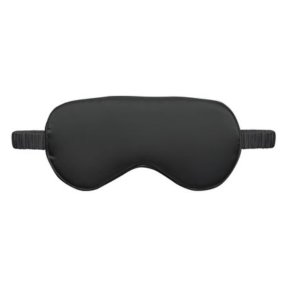 Front view of a black satin sleep eye mask with an elastic ruched strap, shown on a white background.