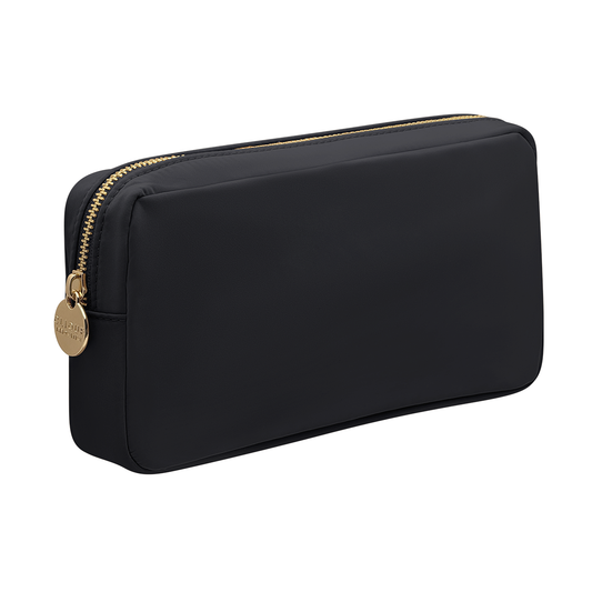 Black small cosmetic bag with gold zipper and round gold zipper puller.