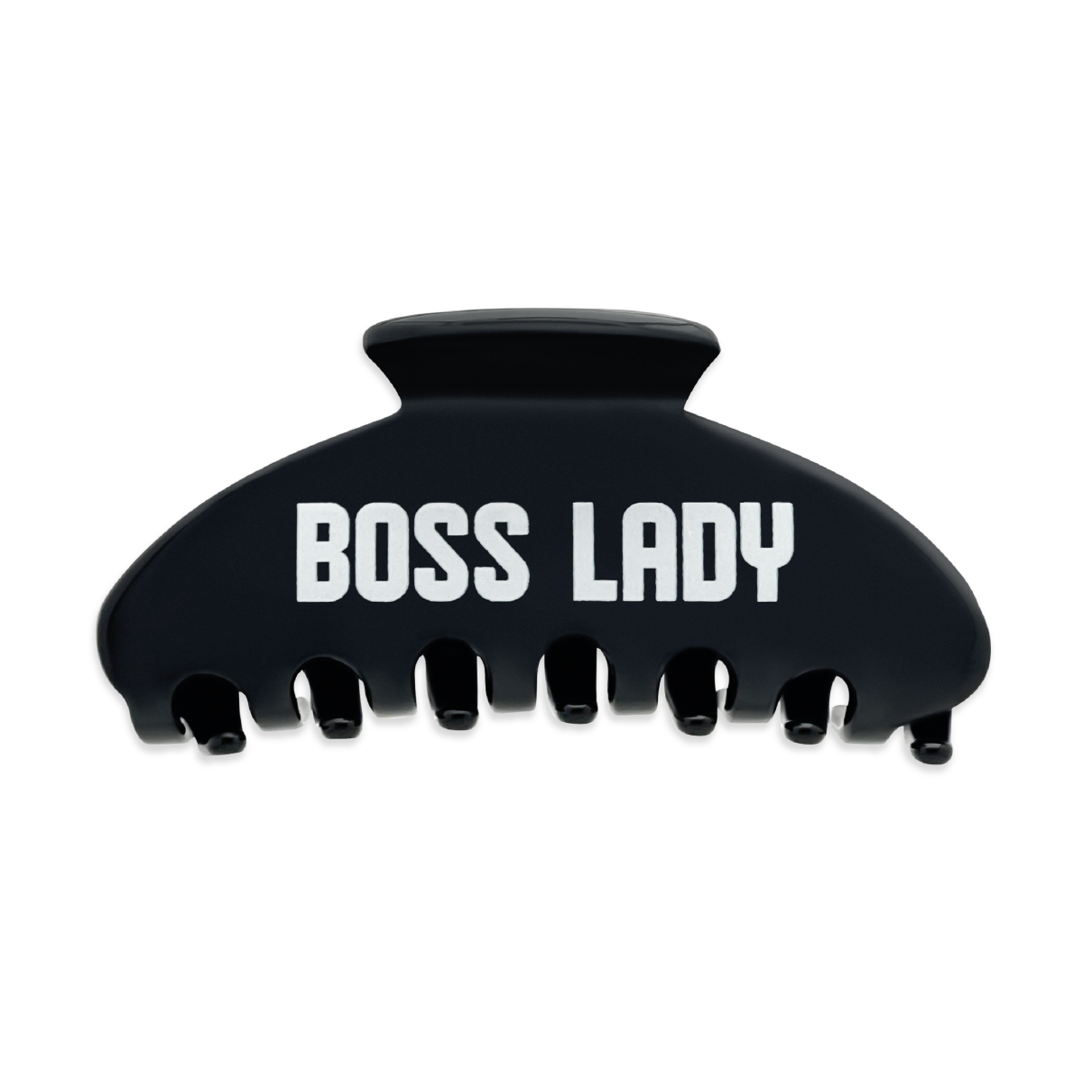 Front view of a black claw clip with bold white “BOSS LADY” text on a white background.