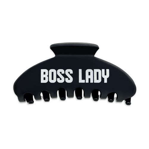 Front view of a black claw clip with bold white “BOSS LADY” text on a white background.