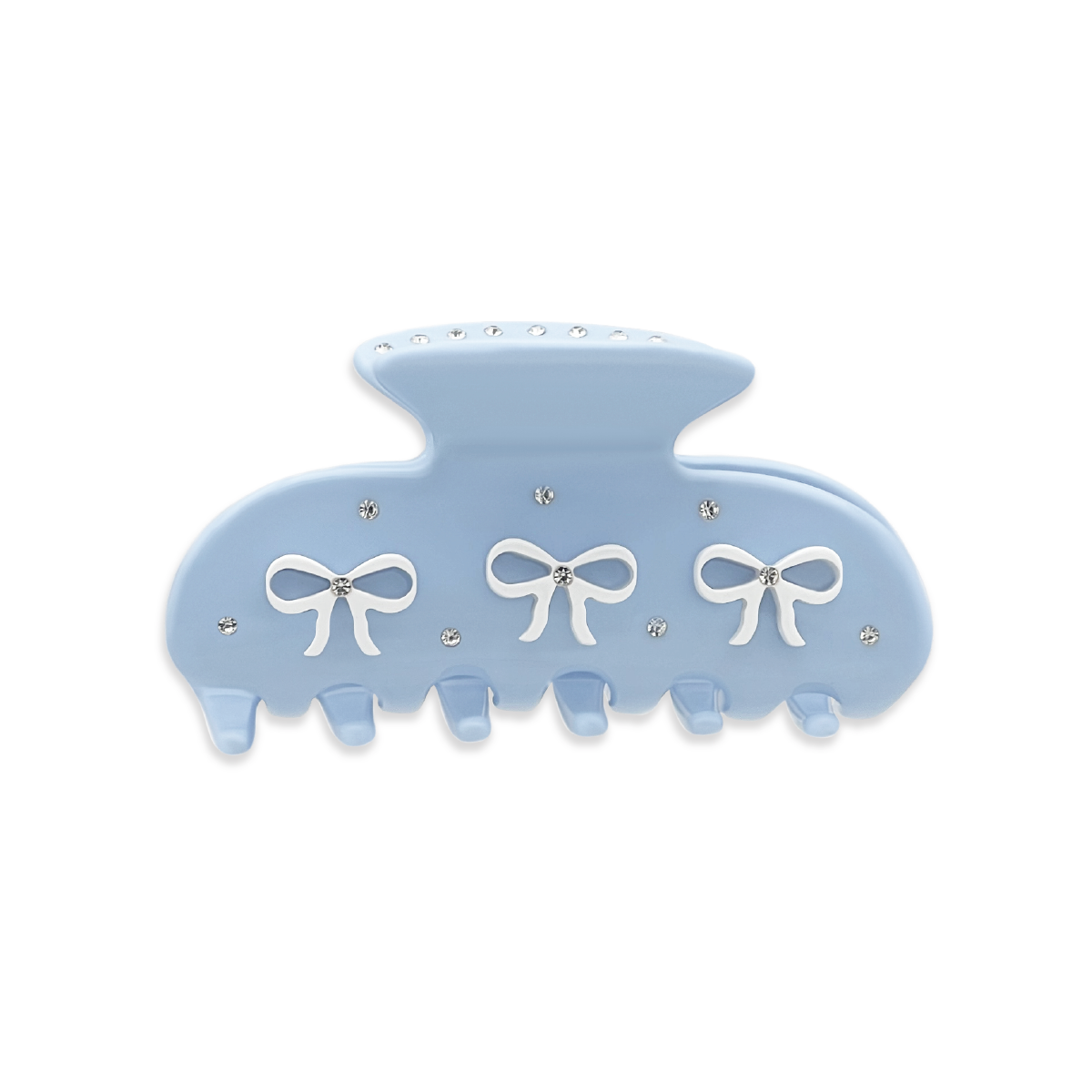 Front view of a light blue claw clip with three white bow graphics and silver rhinestones on a white background.