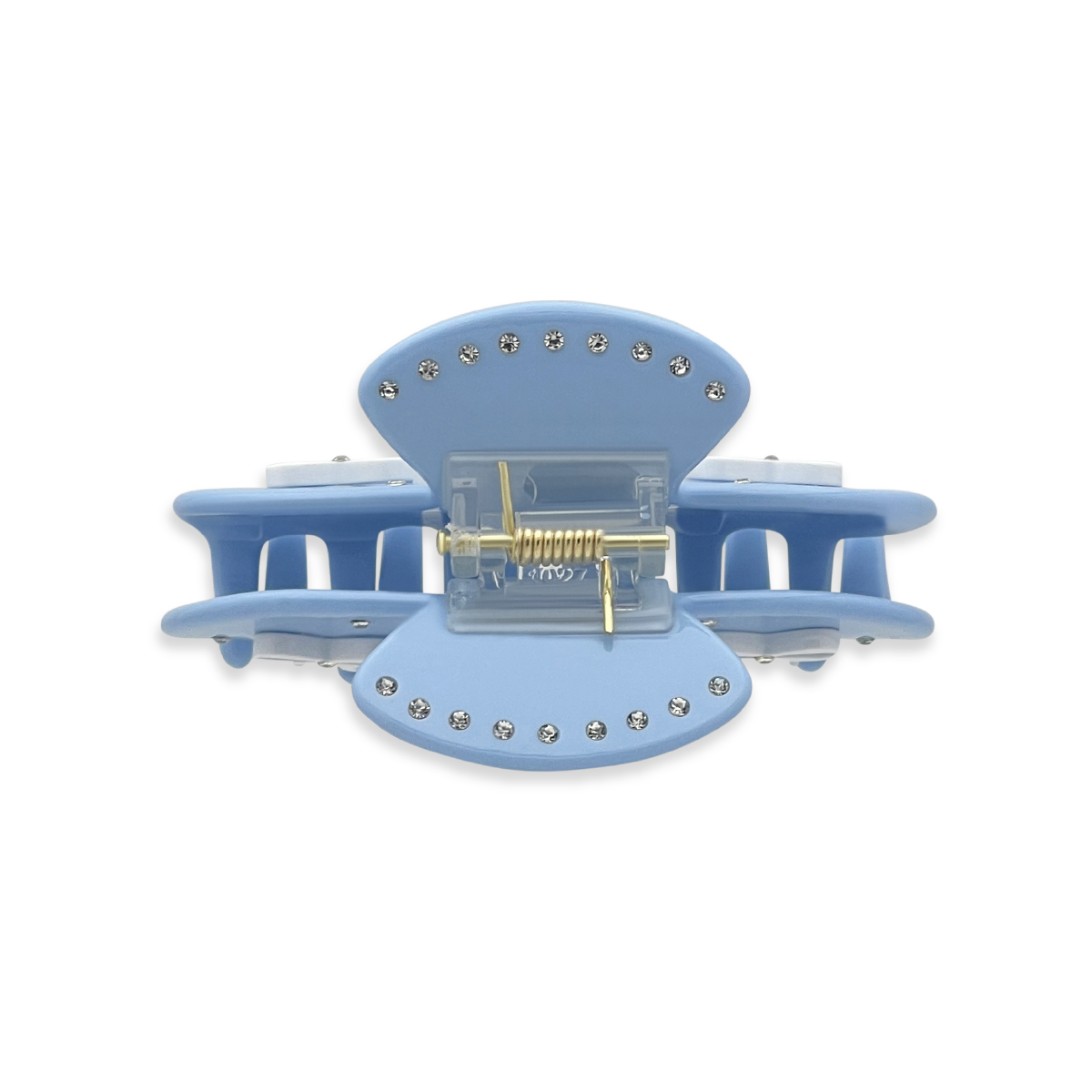 Top view of a light blue claw clip with silver rhinestones outlining the top edges and a visible gold spring mechanism on a white background.