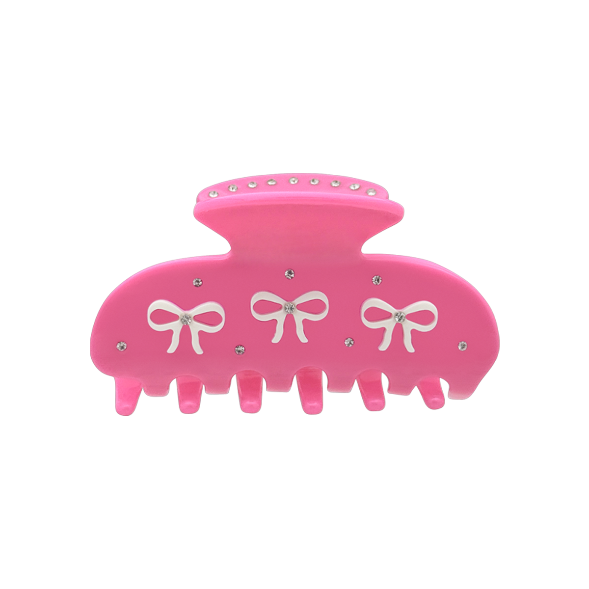 Front view of a hot pink claw clip with three white bow graphics and silver rhinestones on a white background.