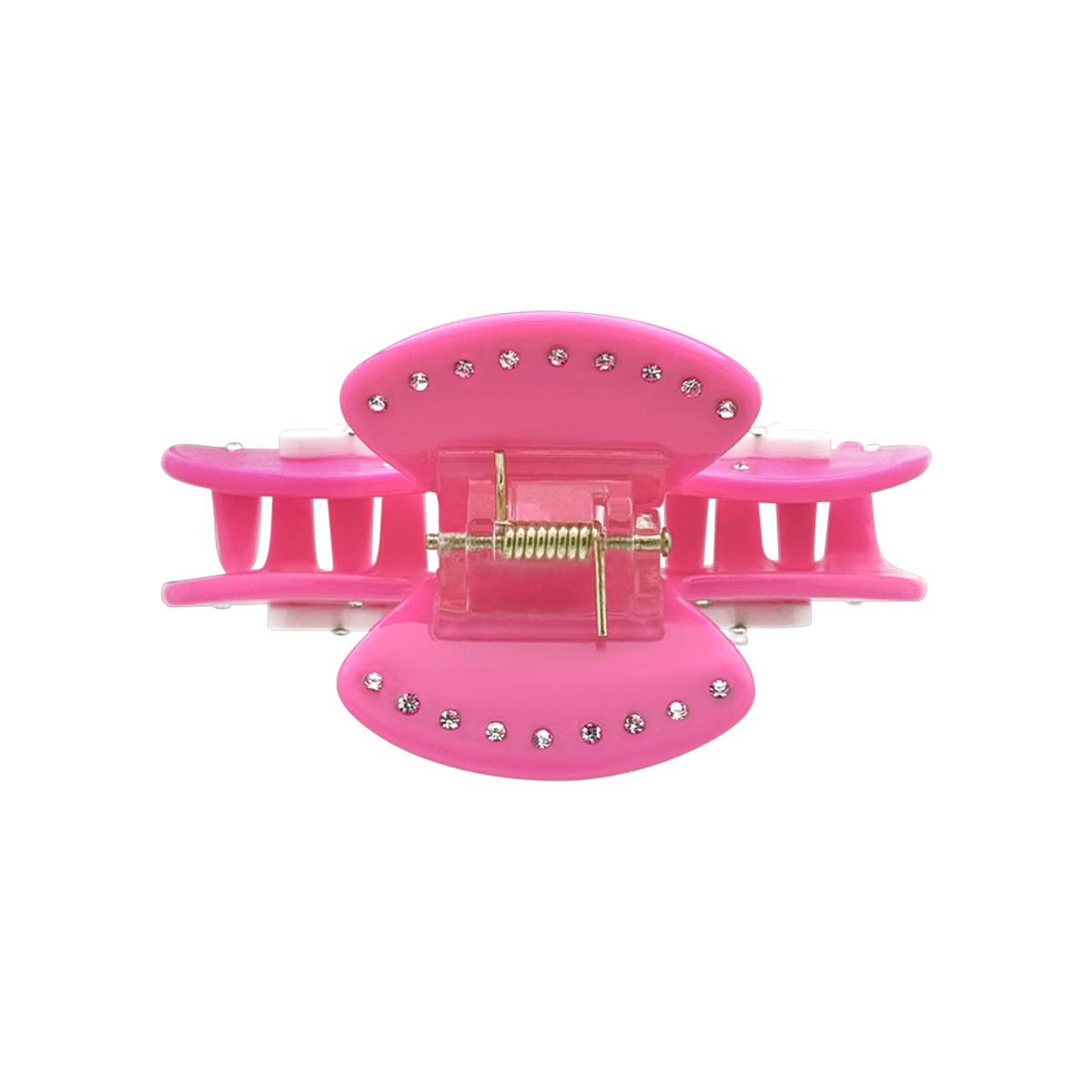 Top view of a hot pink claw clip with silver rhinestones outlining the top edges and a visible gold spring mechanism on a white background.