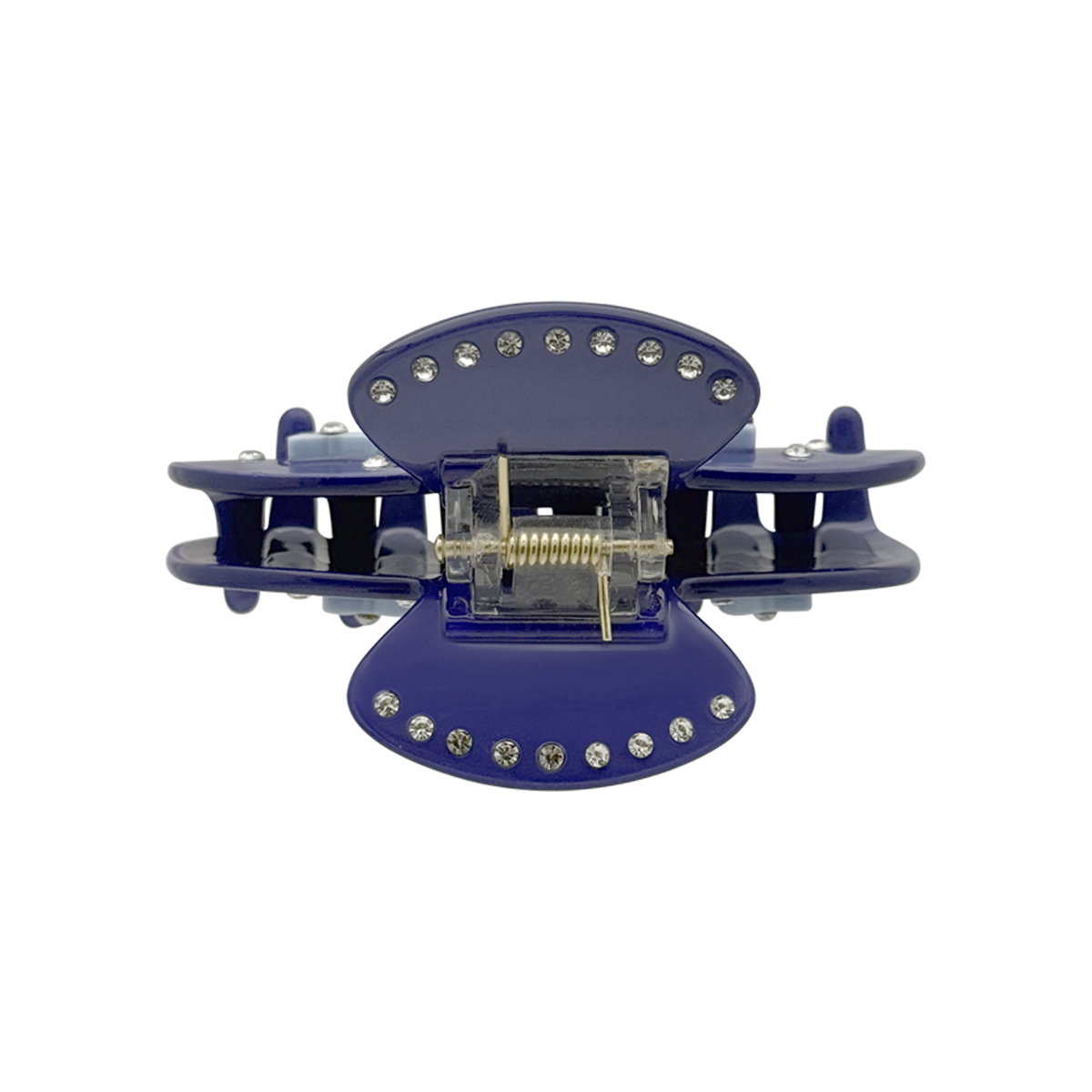 Top view of a dark blue claw clip with clear center hardware, silver rhinestones along the top and bottom edges, and a white background.