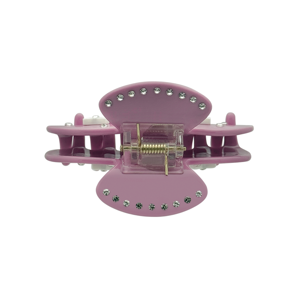 Top view of a mauve claw clip showing silver rhinestones along the top edges, a gold spring mechanism, and side views of white bow graphics on a white background.