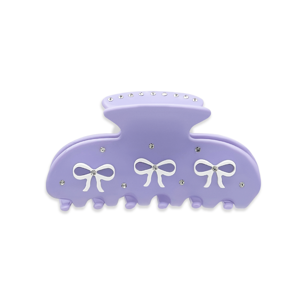 Front view of a light purple claw clip with three white bow graphics and silver rhinestones on a white background.