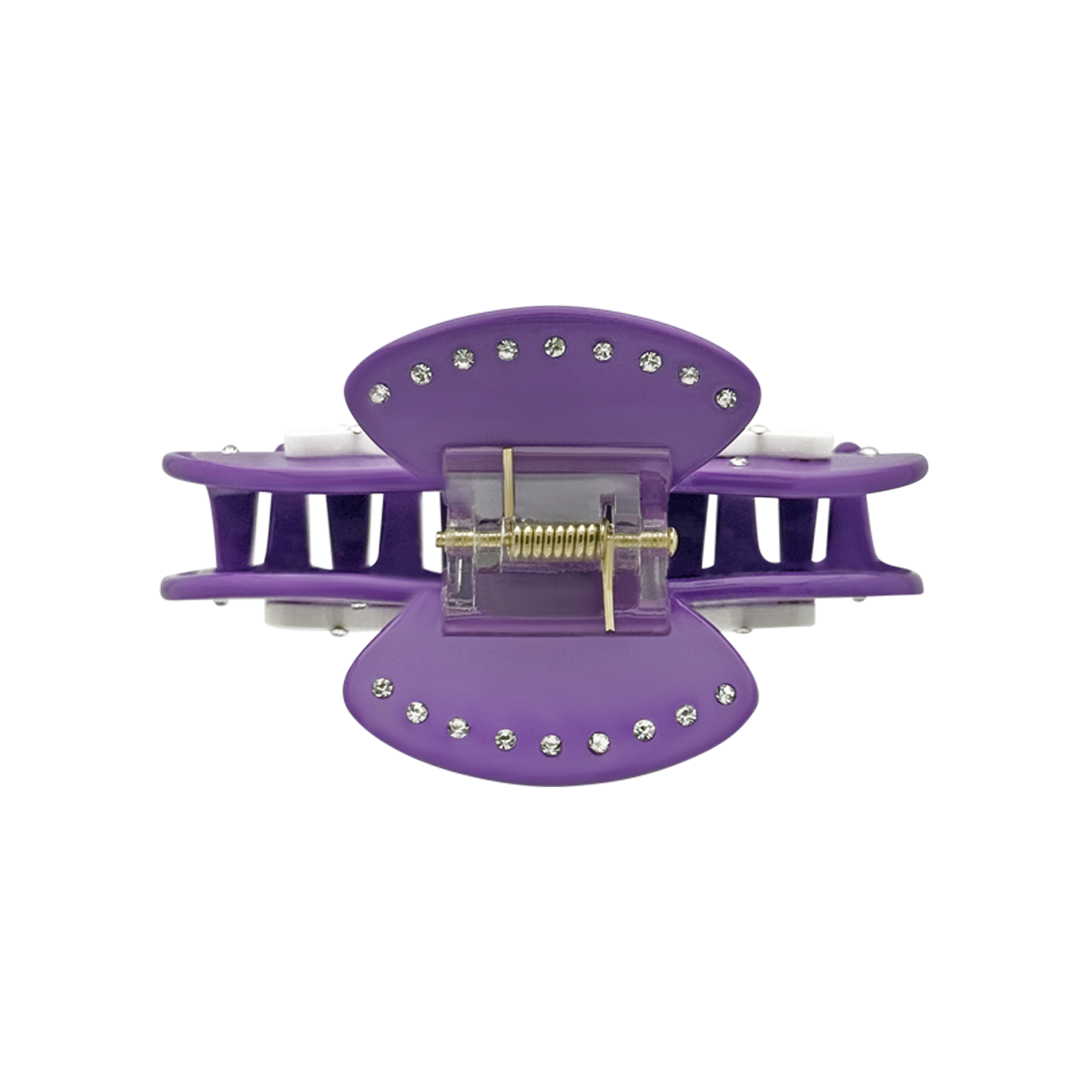 Top view of a violet claw clip with silver rhinestones along the top edges and a visible gold spring mechanism on a white background.