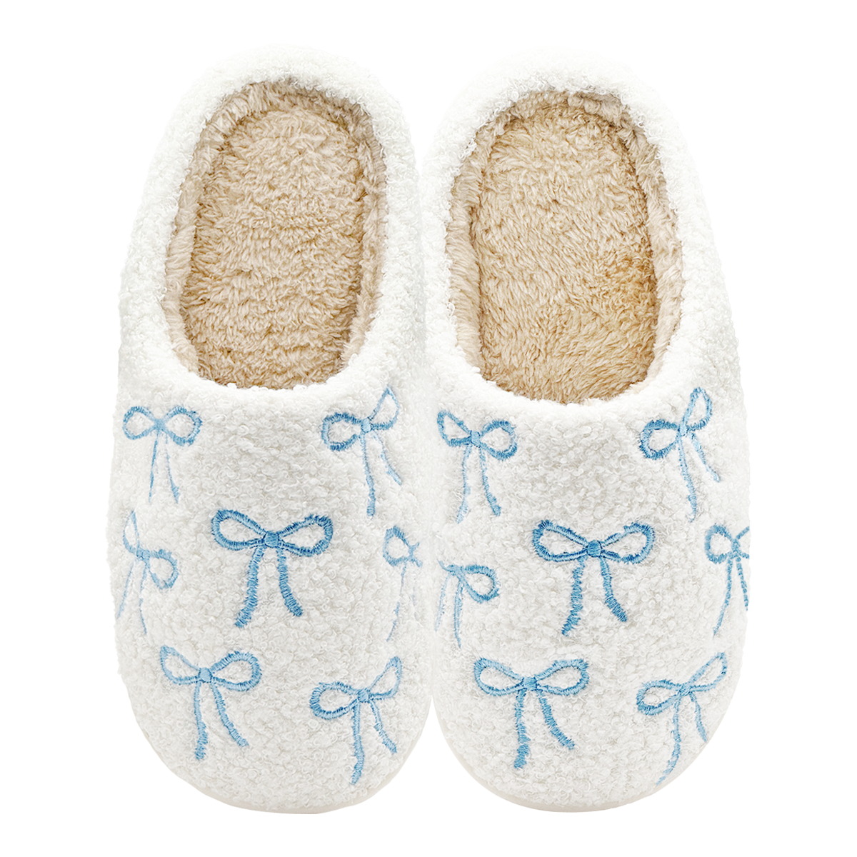 White fuzzy slippers with embroidered light blue bows