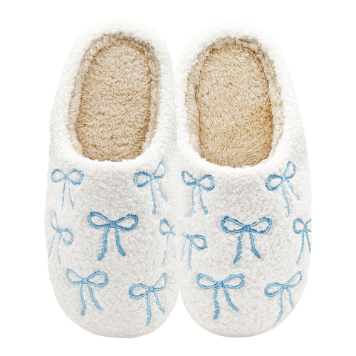White fuzzy slippers with embroidered light blue bows