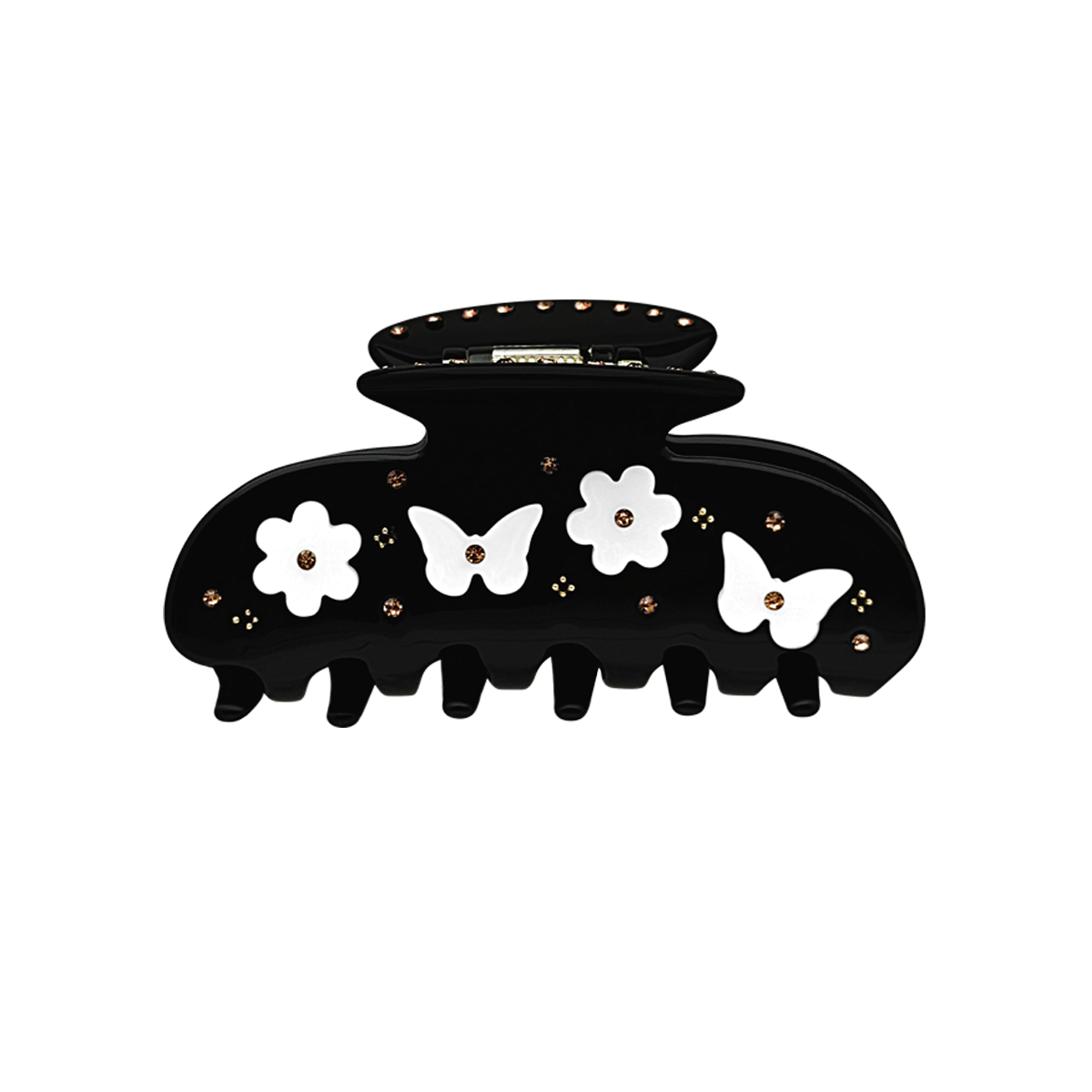Front view of a black claw clip with contrasting butterfly and floral details.